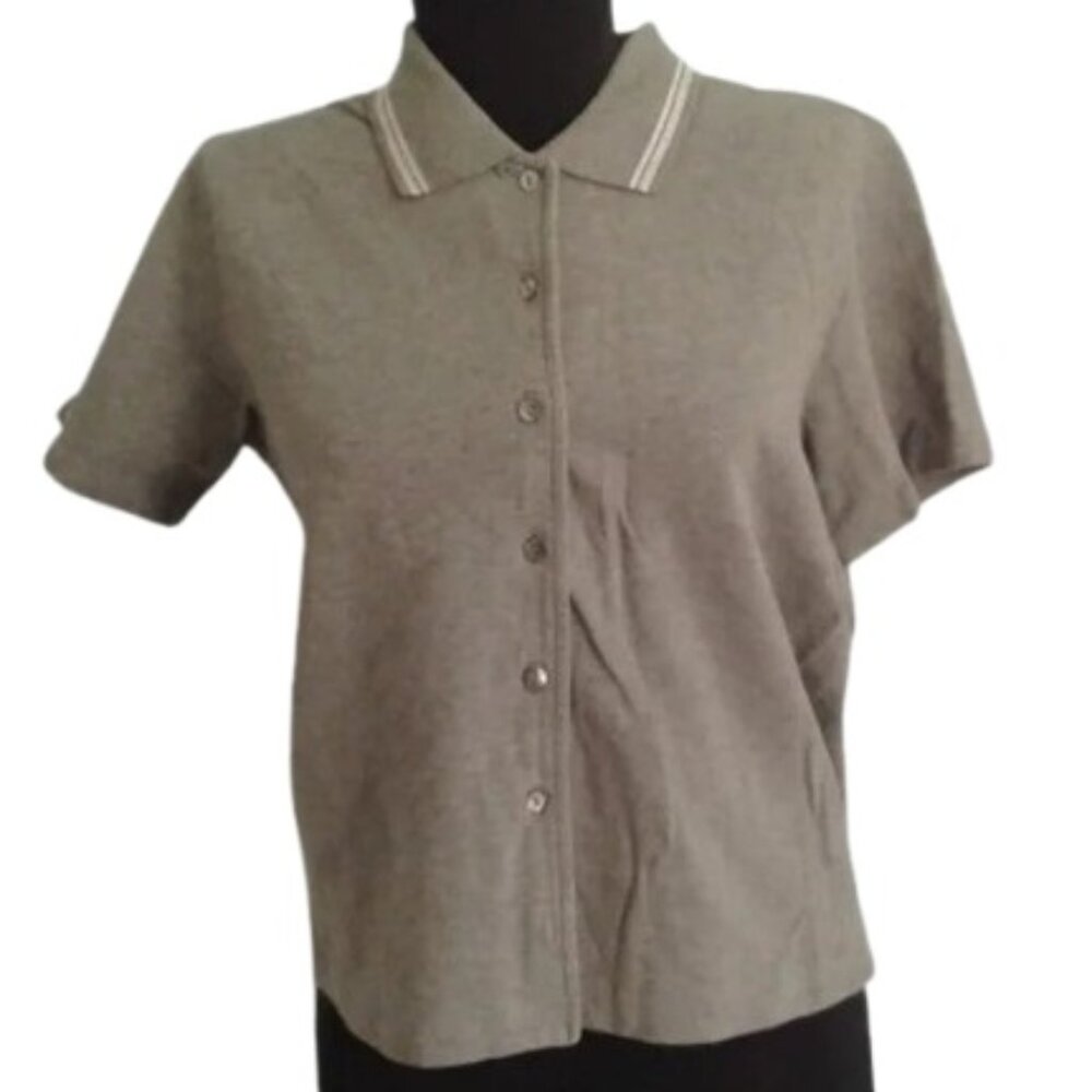 Sigrid Olsen M Cropp top grey gray MOP button up Front Collar